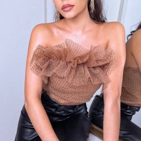 Zara NWT Tulle Ruffle Strapless Crop Top Sheer Nude Size Small - Picture 3 of 5